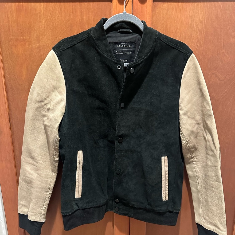 All Saints Black and Cream Bomber Jacket